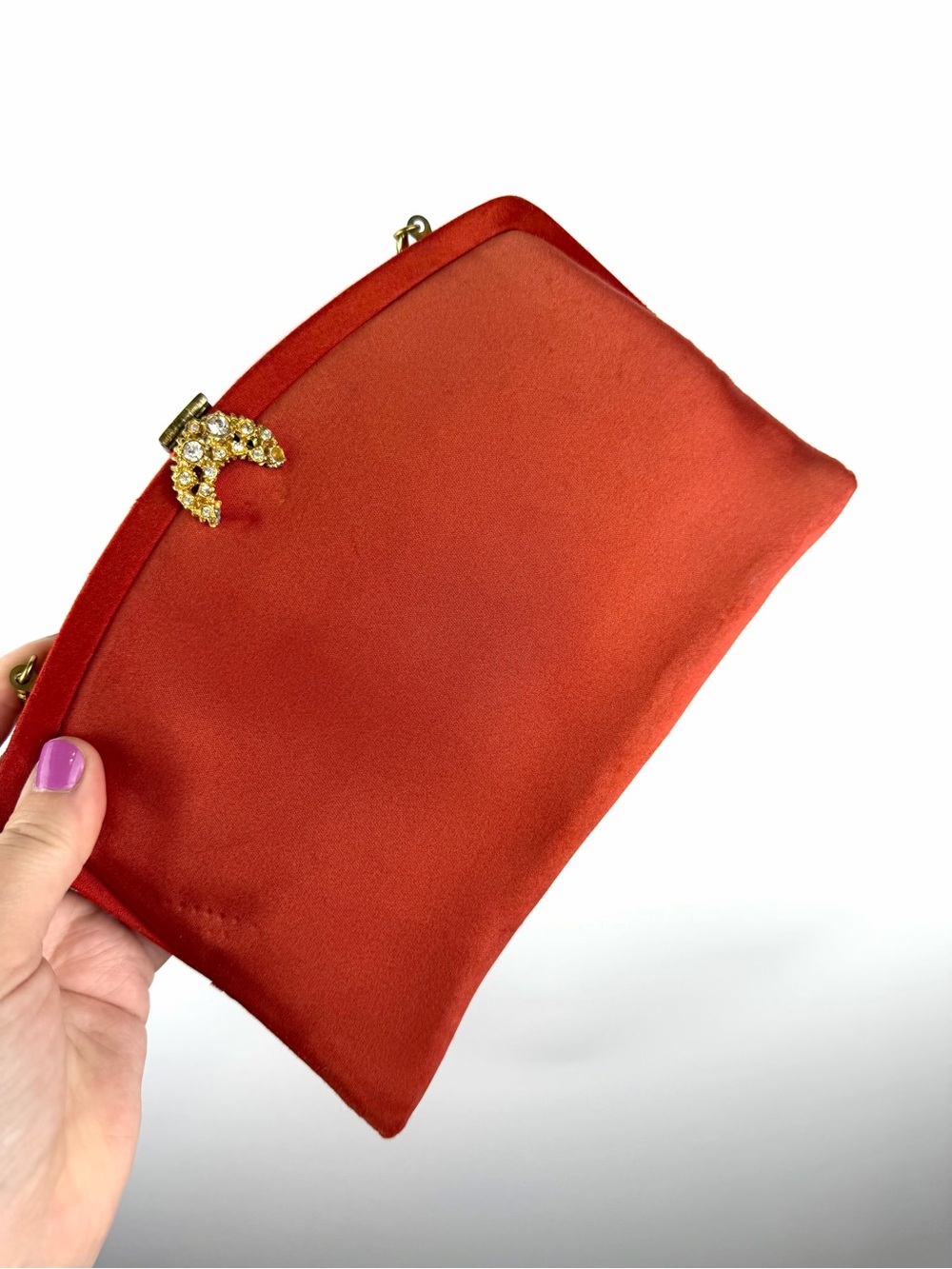 Vintage Rhinestone Clasp Evening Bag Rust Satin Clutch La France Handbag - Picture 5 of 8